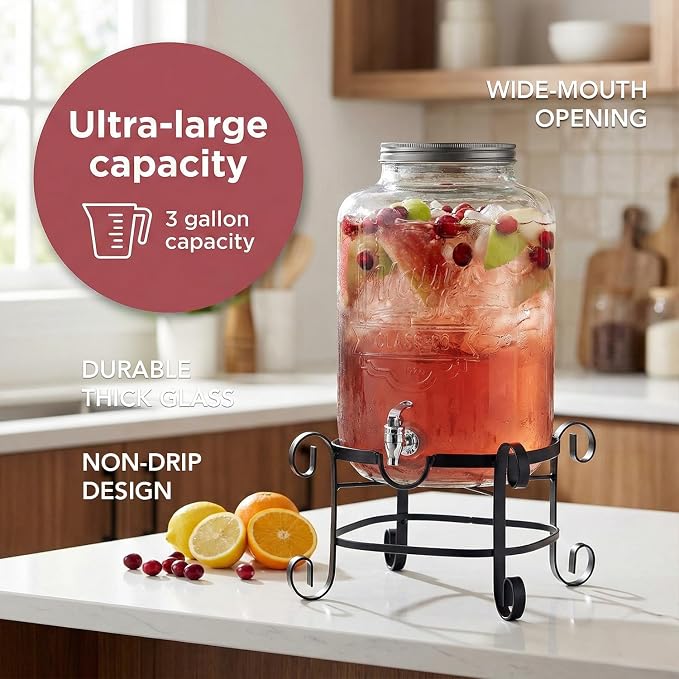 Style Setter Beverage Dispenser Cold Drink Dispenser w/ 3-Gallon Capacity Glass - Image 5
