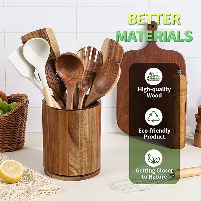 Wooden Utensil Holder, 360°Rotating 7.3'' Large Utensil Holder - Image 5