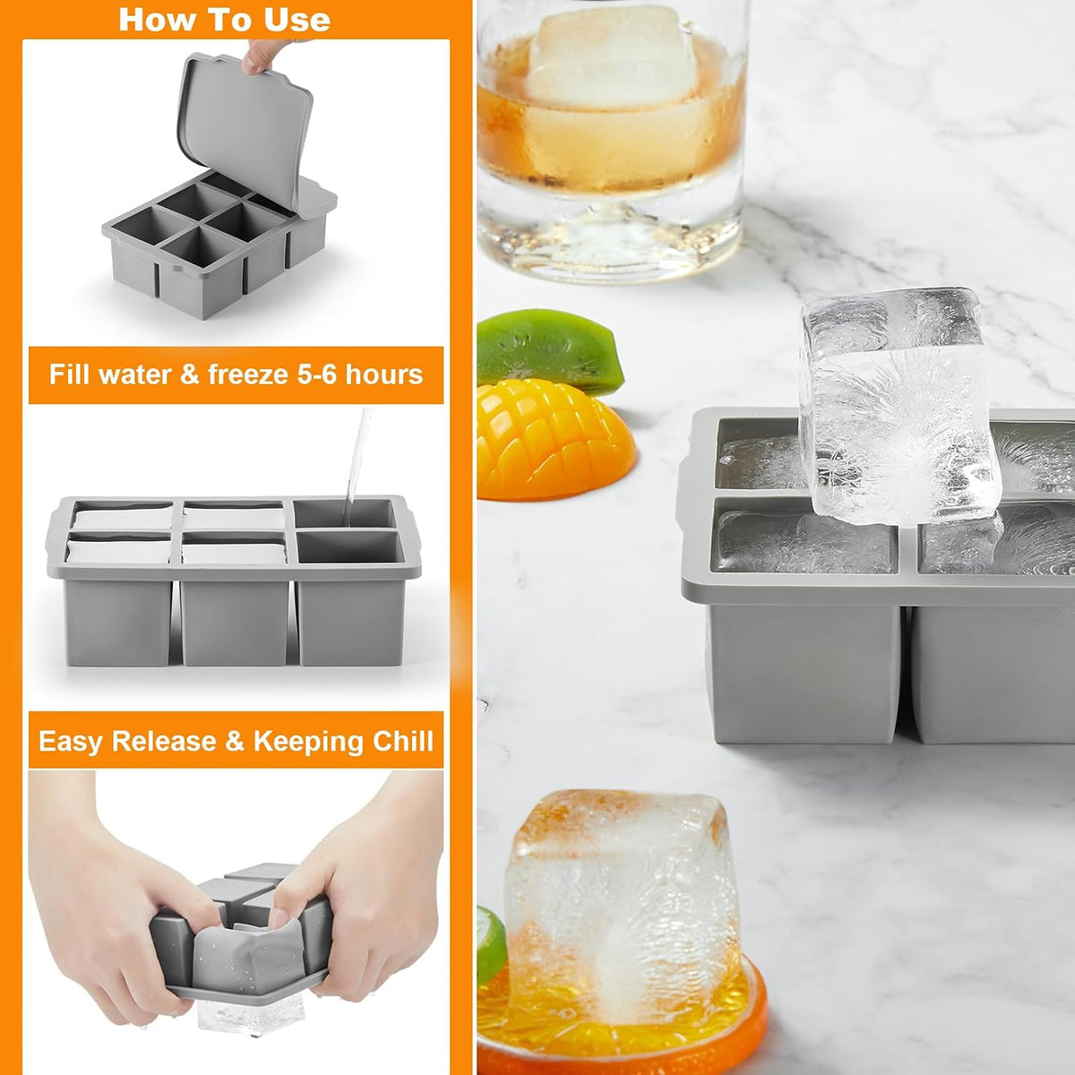 Large Ice Cube Molds Tray with Lid, Pack of 2, Stackable Big Silicone