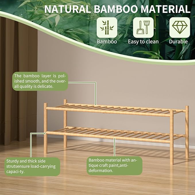 ROMGUAR CRAFT 2-Tier Bamboo Long Shoe Rack, Free Standing Wood Shoe Shelf - Image 5