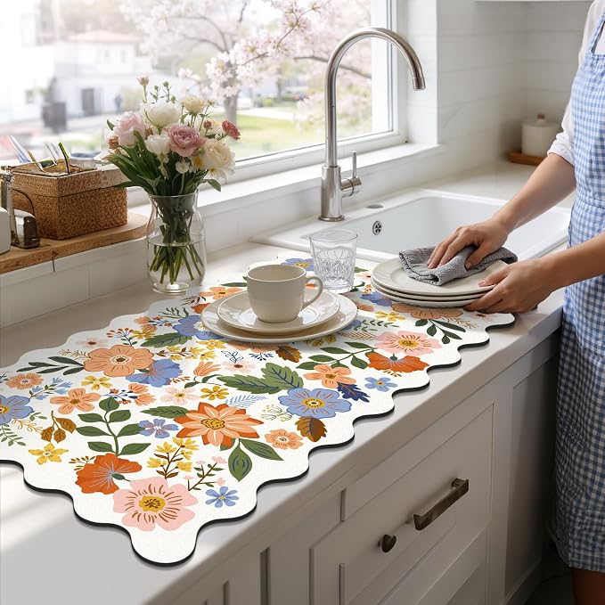 LOKHOM Scalloped Floral Dish Drying Mat, Cuttable Hide Stain Non-slip Drying Mat - Image 8