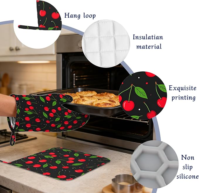 Oven Mitts and Pot Holders Sets Red Black Cherry Silicone Kitchen Mits - Image 4