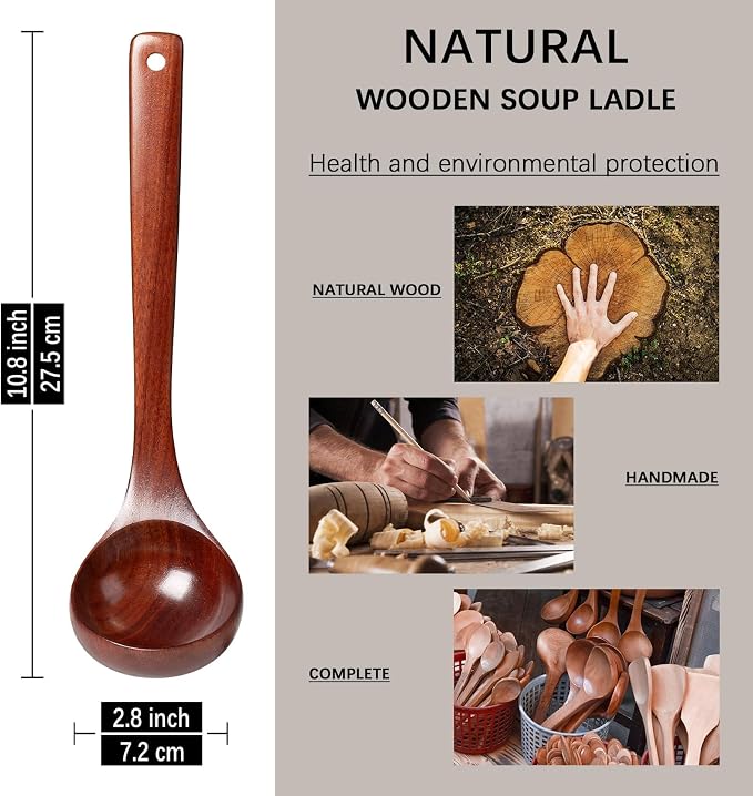 Wooden Soup Ladle, 10.8" Handle, 1.6 fl oz Medium Scoop Utensil - Image 2