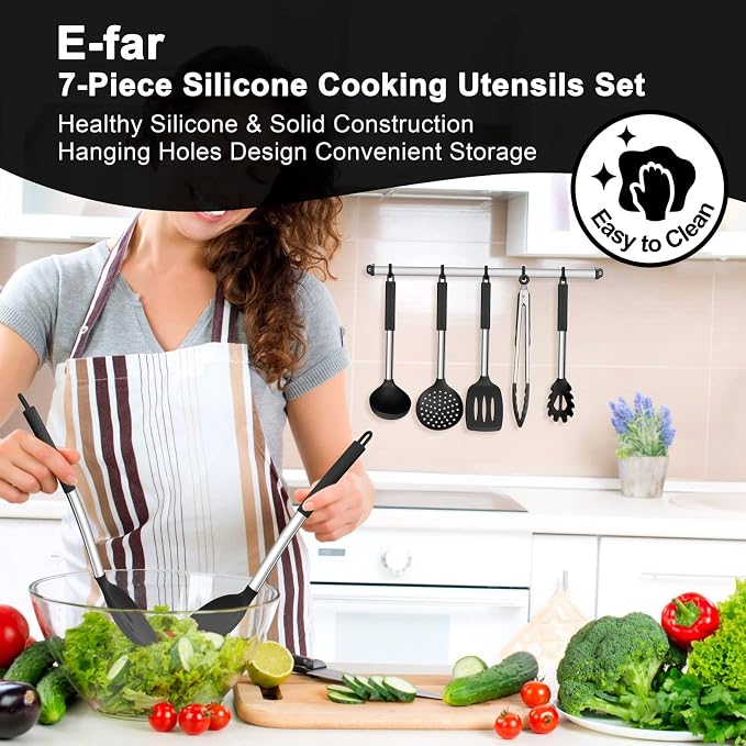 E-far Silicone Cooking Utensils Set, Slotted Turner, Soup Ladle, Pasta Server - Image 7