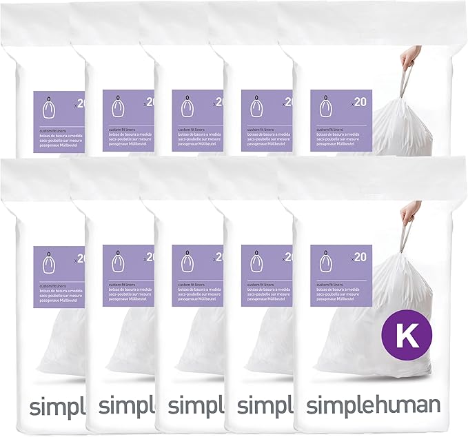 simplehuman Code K 200 Count Custom Fit Liners, Drawstring Kitchen Trash Bags by Simplehuman