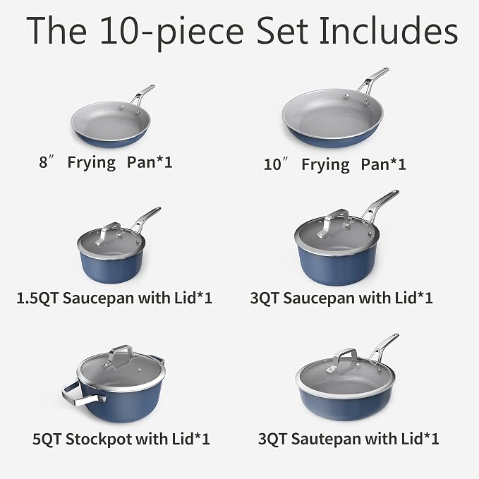 10-Piece Nonstick Ceramic Cookware Set, Non-Toxic Ceramic Coated Aluminum Pots - Image 3