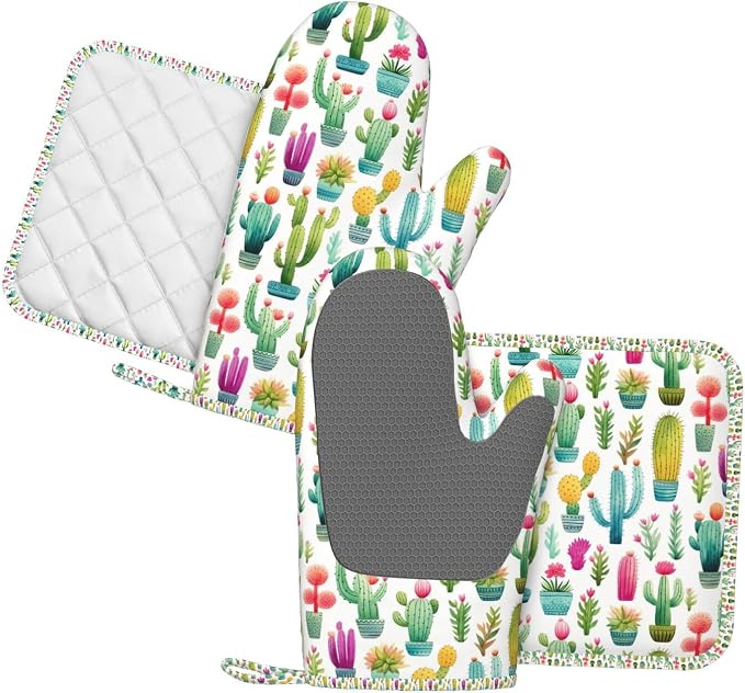 Oven Mitts and Pot Holders Set, Cactus Pattern Watercolor Silicone Kitchen - Image 2