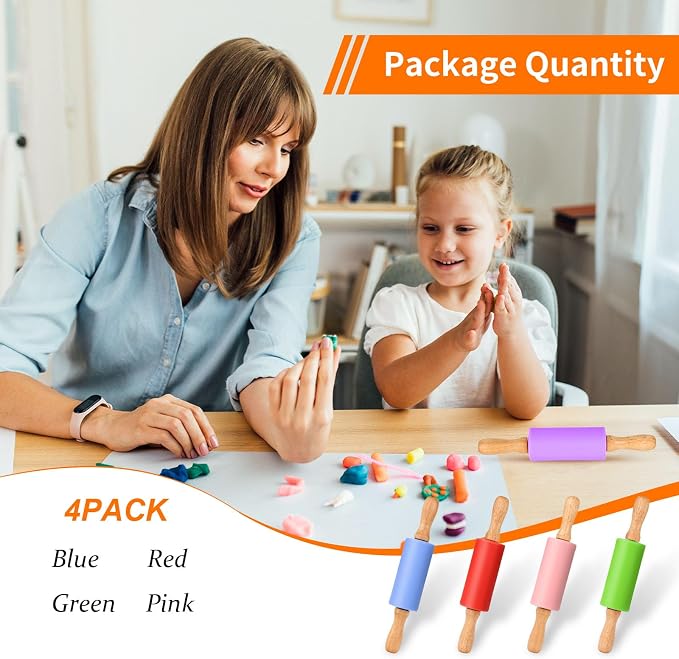 Mini Silicone Rolling Pin for Kids, Non-stick Surface Wood Handle, 9 Inch 4 Pack - Image 6