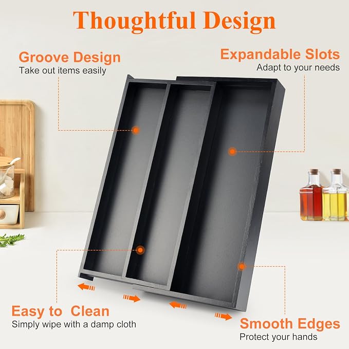 Bamboo Kitchen Tool Drawer Organizer Storage Black Cutlery Tray Expandable - Image 5
