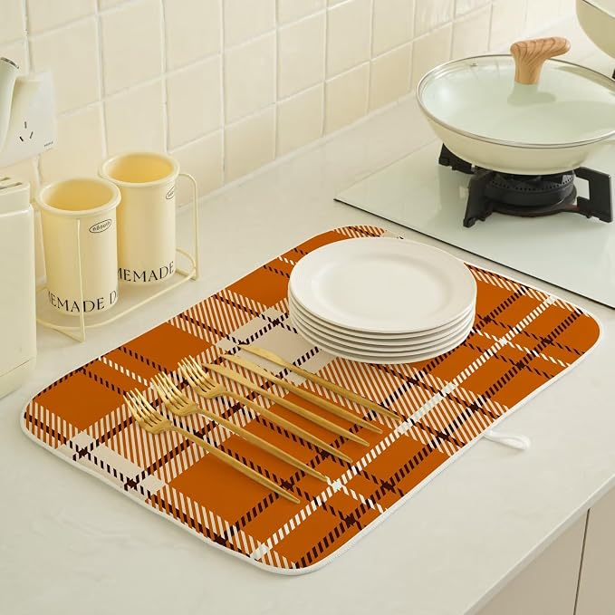Fall Dish Drying Mat 18 x 24 inch Autumn Orange Buffalo Plaid Themed Decorative - Image 4