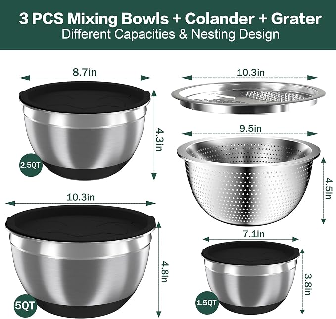Nicdiet Mixing Bowls with Airtight Lids, Stainless Steel Mixing Bowl Set with 3 - Image 7