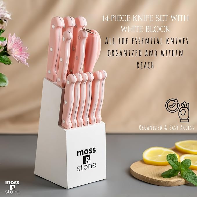 Moss & Stone Pink 14 Pcs Knife Block Set Stainless Steel, Premium Forged - Image 5
