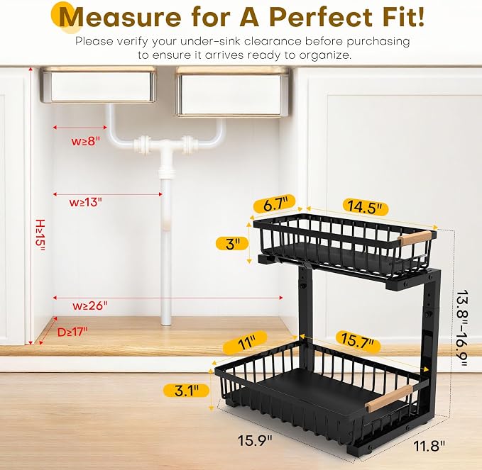 Under Sink Organizer, Heavy-Duty & Rust-Resistant Carbon Steel Metal, 2 Tier - Image 2