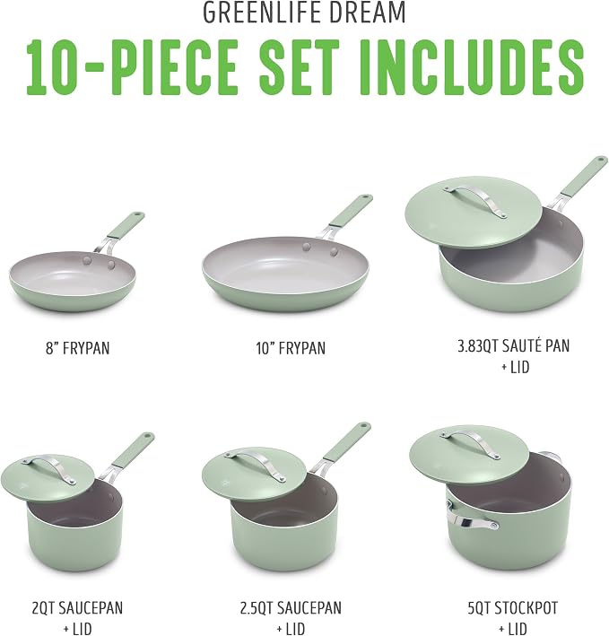 GreenLife 10-Piece Nonstick Ceramic Cookware Set, Lightweight Healthy PFAS-Free - Image 3