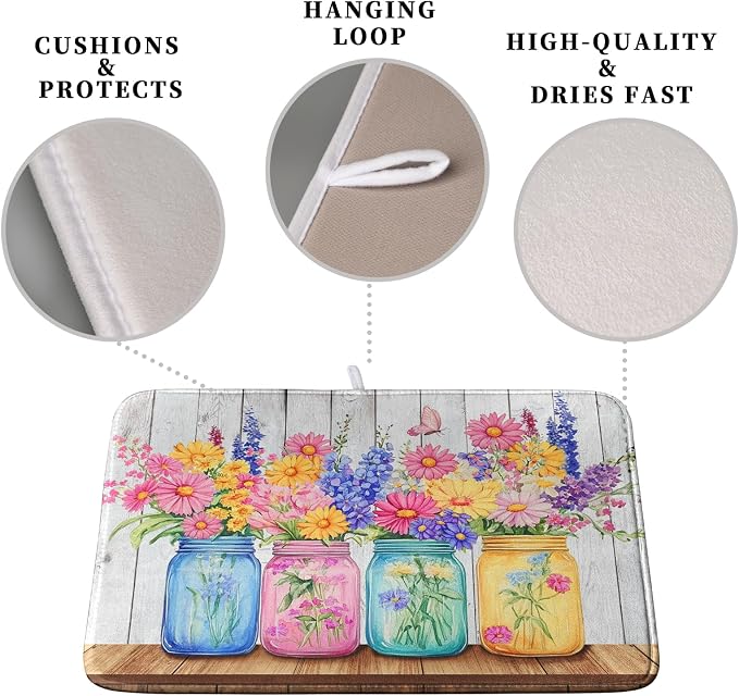Daisy Dish Drying Mat for Kitchen Counter Spring Summer Flowers Vases Dishes - Image 3