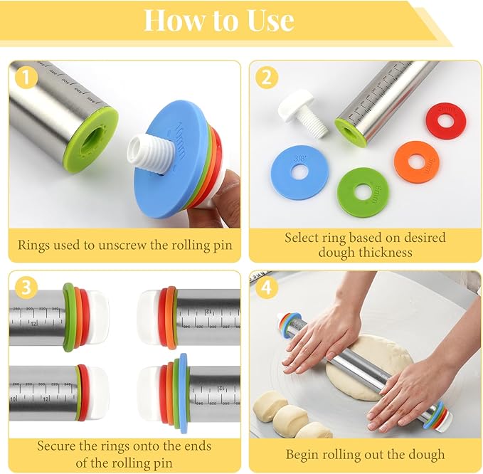 Adjustable Rolling Pin with 4 Thickness Rings - Image 4