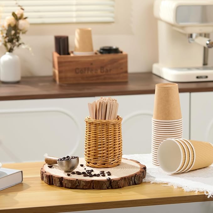 Wood Rattan Coffee Stirrer Holder Set - Image 5