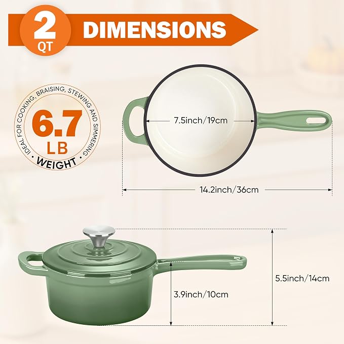 Homikit 2 Quart Saucepan with Lid, Enameled Cast Iron Small Sauce Pan Cooking - Image 2