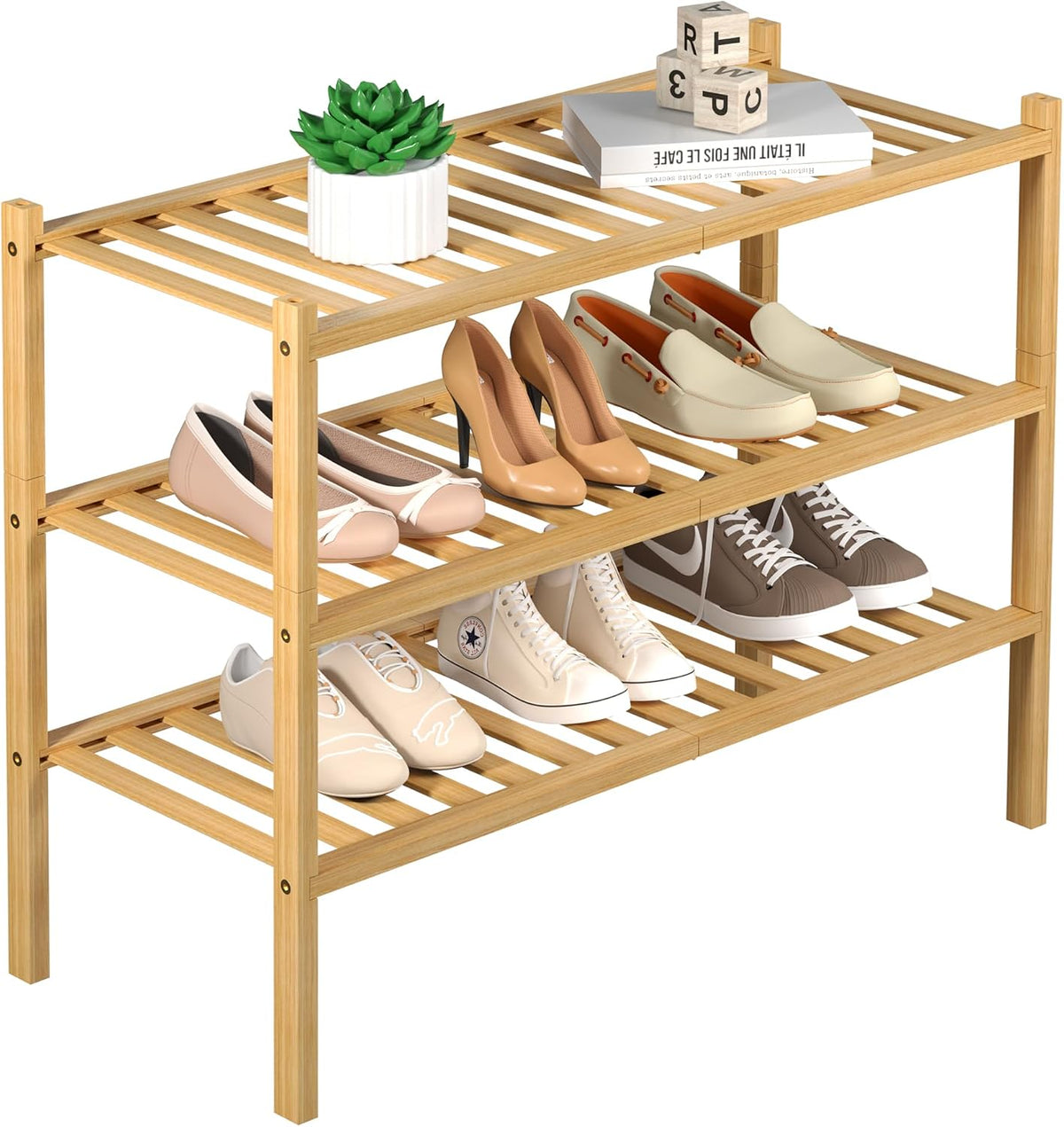 ROMGUAR CRAFT 3 Tier Bamboo Shoe Rack for Closet Free Standing Wood