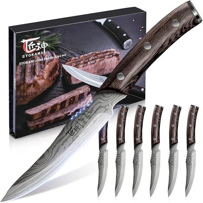 SYOKAMI Steak Knives Set of 6, 4.8 Inch Carbon Steel Japanese Style by SYOKAMI