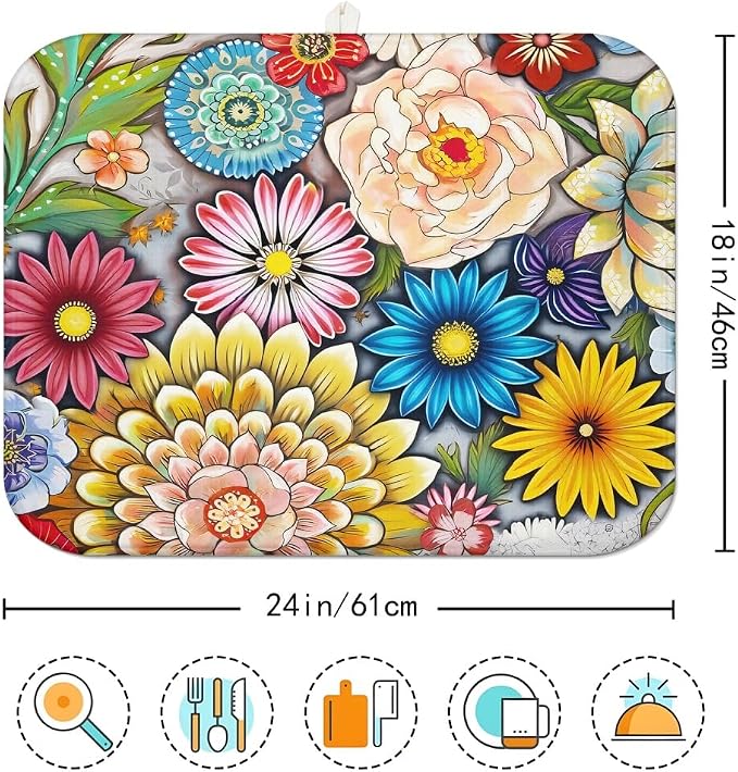 Spring Floral Large Dish Drying Mats, Reversible Dish Drying Pads - Image 7