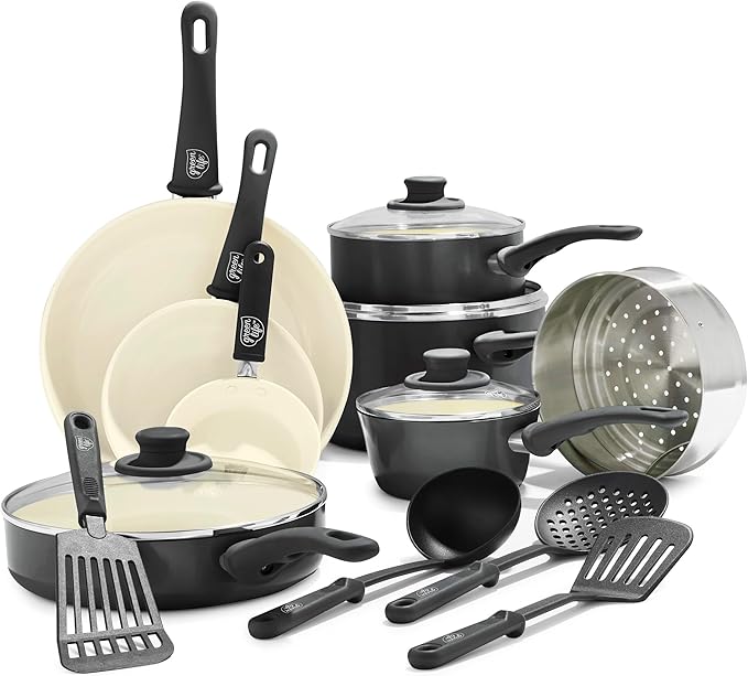 GreenLife 16 Piece Nonstick Cookware Set, Soft Grip Non-Toxic PFAS-Free Ceramic by GreenLife