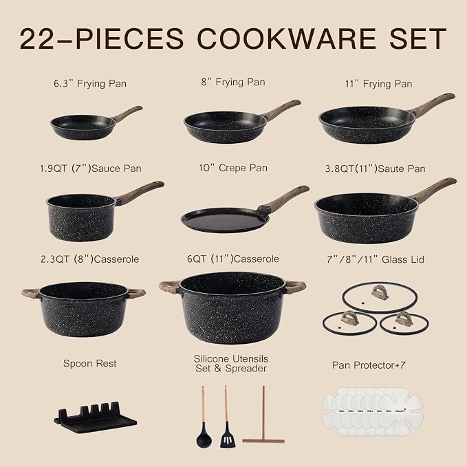 Pots and Pans Set Nonstick 22 Pcs, Ceramic cookware set Non-Toxic Coating Inky - Image 2
