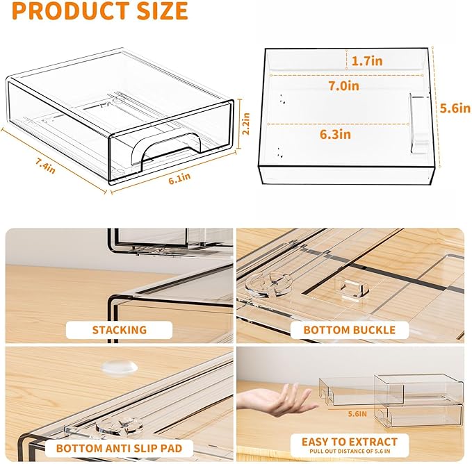 Yieach 8 Pack Small Clear Stackable Storage Drawers, 2.2'' Tall Desk - Image 3
