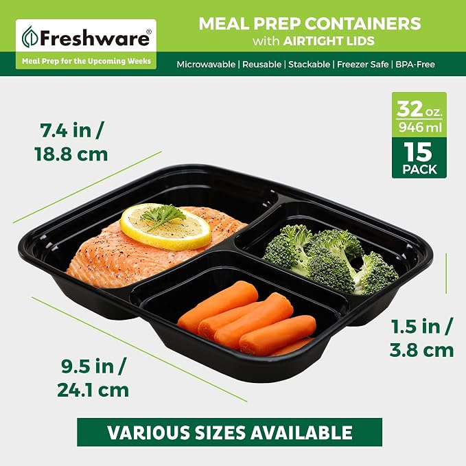 Freshware Bento Box Meal Prep Containers, 3-Compartment, 32 ounce - Image 4