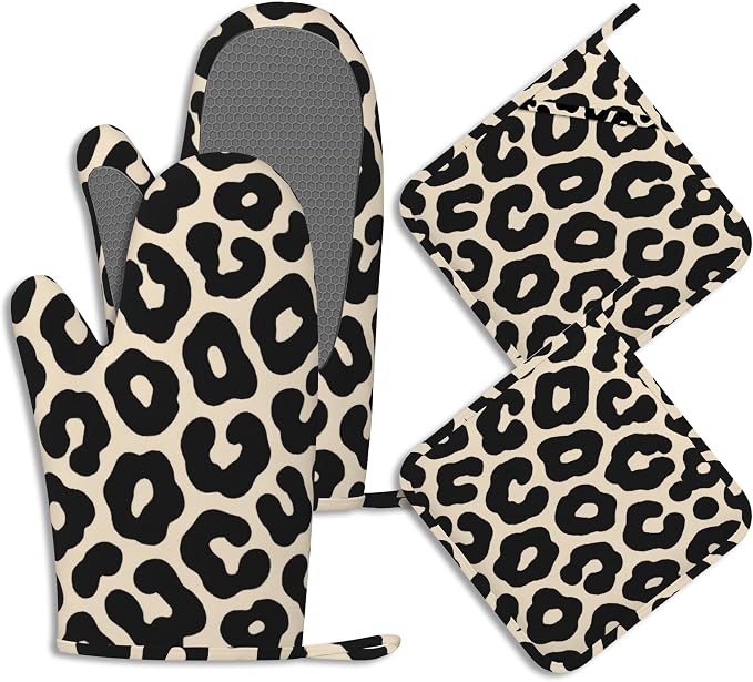 Black Leopard Print Pot Holders and Oven Mitts Set Silicone Cheetah Prints by BIGXIUKA