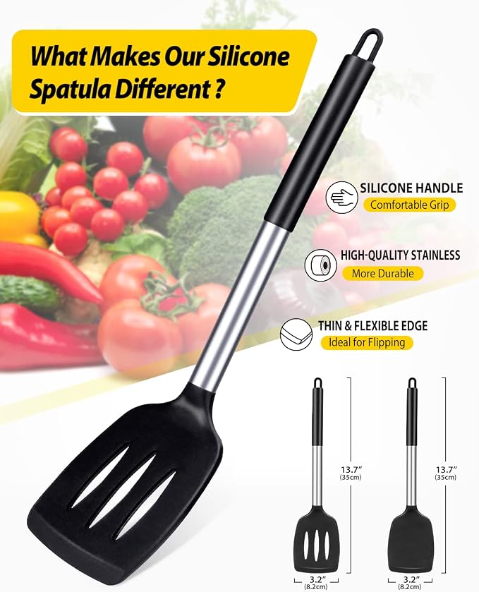 Pack of 2 Silicone Solid Turner, Non Stick Slotted Kitchen Spatulas, High Heat - Image 2