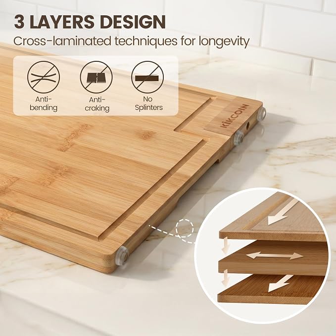 Kikcoin Bamboo Cutting Boards for Kitchen Set of 3, Extra Large Wood Cutting - Image 5