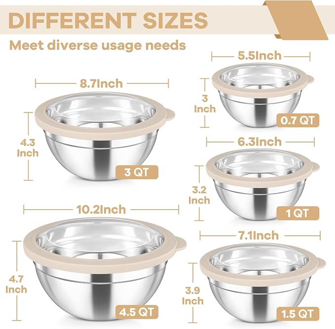 TeamFar Mixing Bowls, 4.5/3/1.5/1/0.7 QT Stainless Steel Nesting Salad Bowls - Image 2