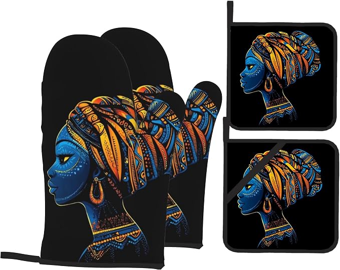 Black Women Oven Mitts & Potholder Set of 4 by Unknown