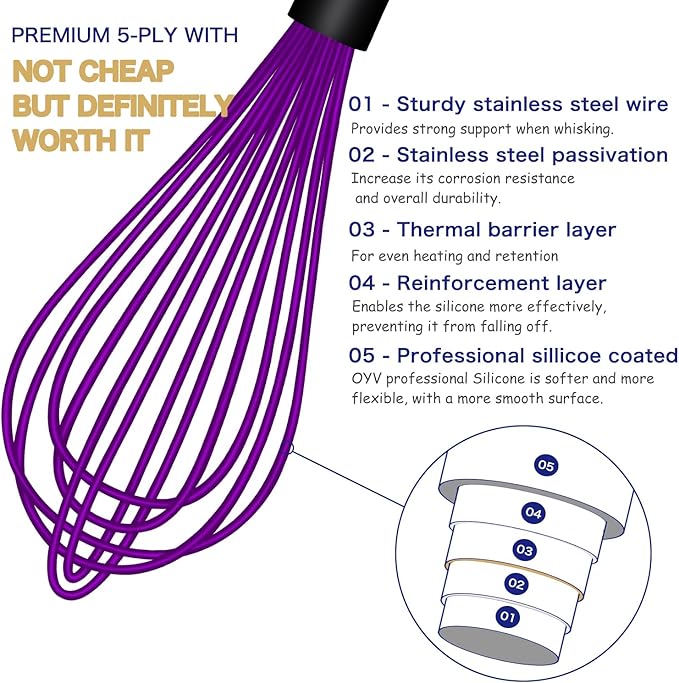 OYV Dishwasher Safe Purple Silicone Whisk, Sealed Waterproof Design Set of 3 - Image 3