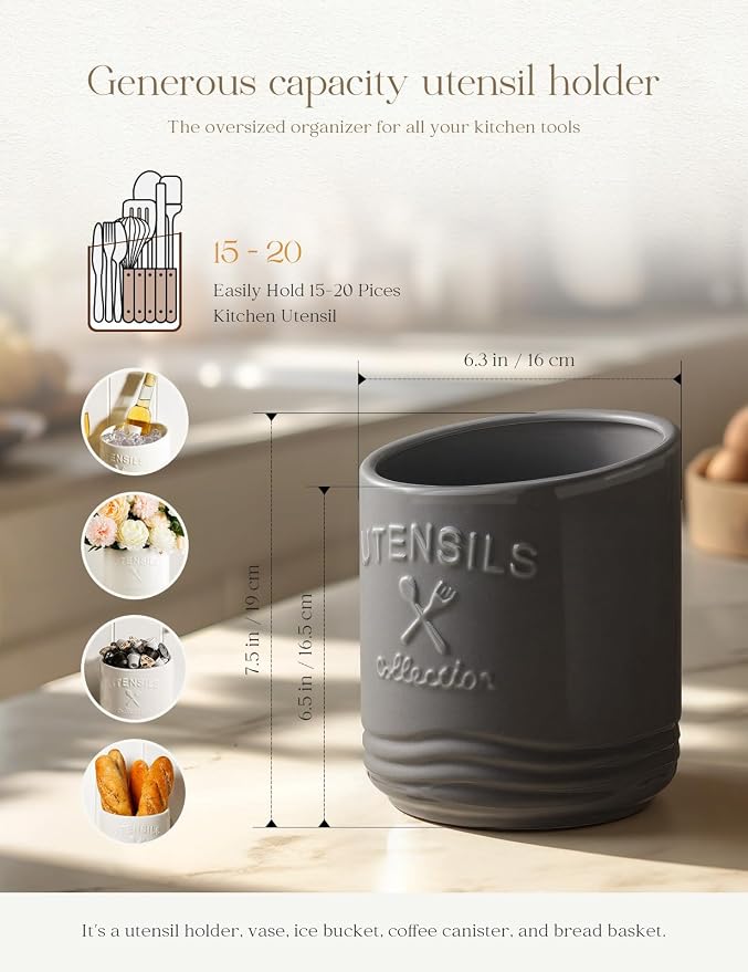 AISBUGUR Large Ceramic Utensil Holder 7.5" H×6.3" W - Image 3