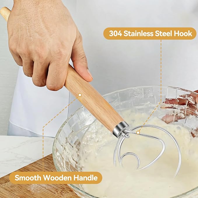 Danish Dough Whisk Dutch Bread Mixer Stainless Steel Hook Wooden Handle Baking - Image 7