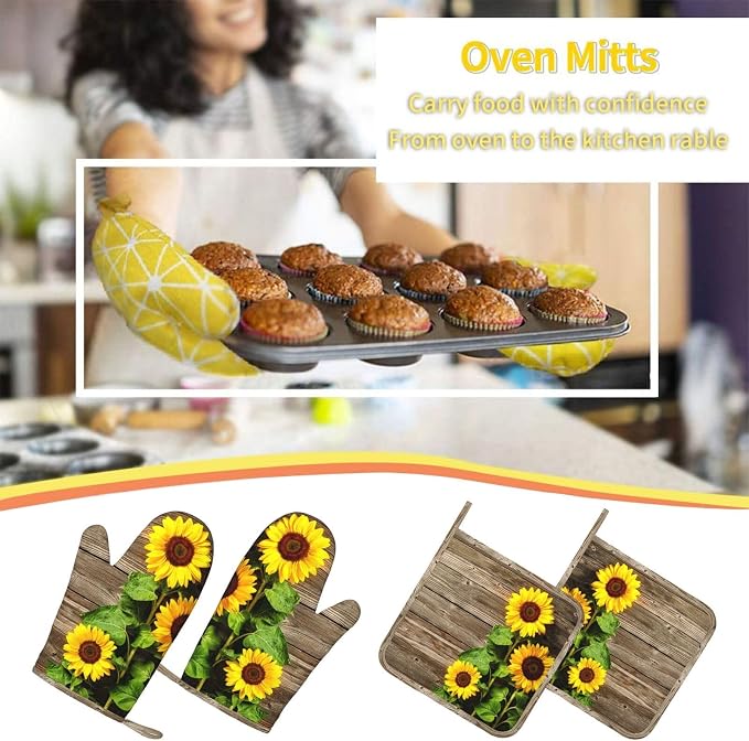 Sunflower Wooden Retro Oven Mitts and Pot Holders Sets of 4, Heat Resistant - Image 7