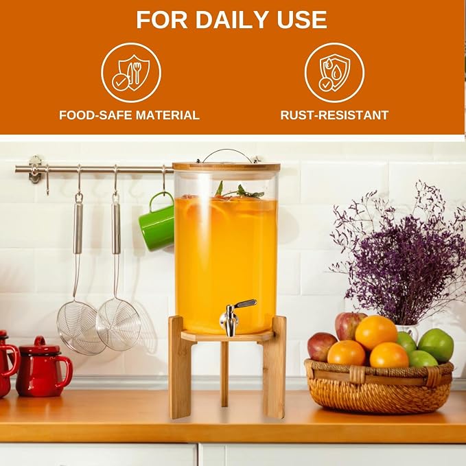 Glass Beverage Dispenser with Bamboo Stand and Lid, Iced 2.1 Gallon Drink - Image 5