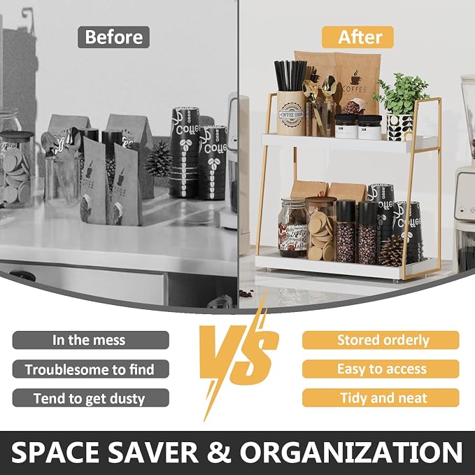 Coffee Bar Organizer for Countertop, 2 Tier Wooden Shelf for Coffeebar - Image 4