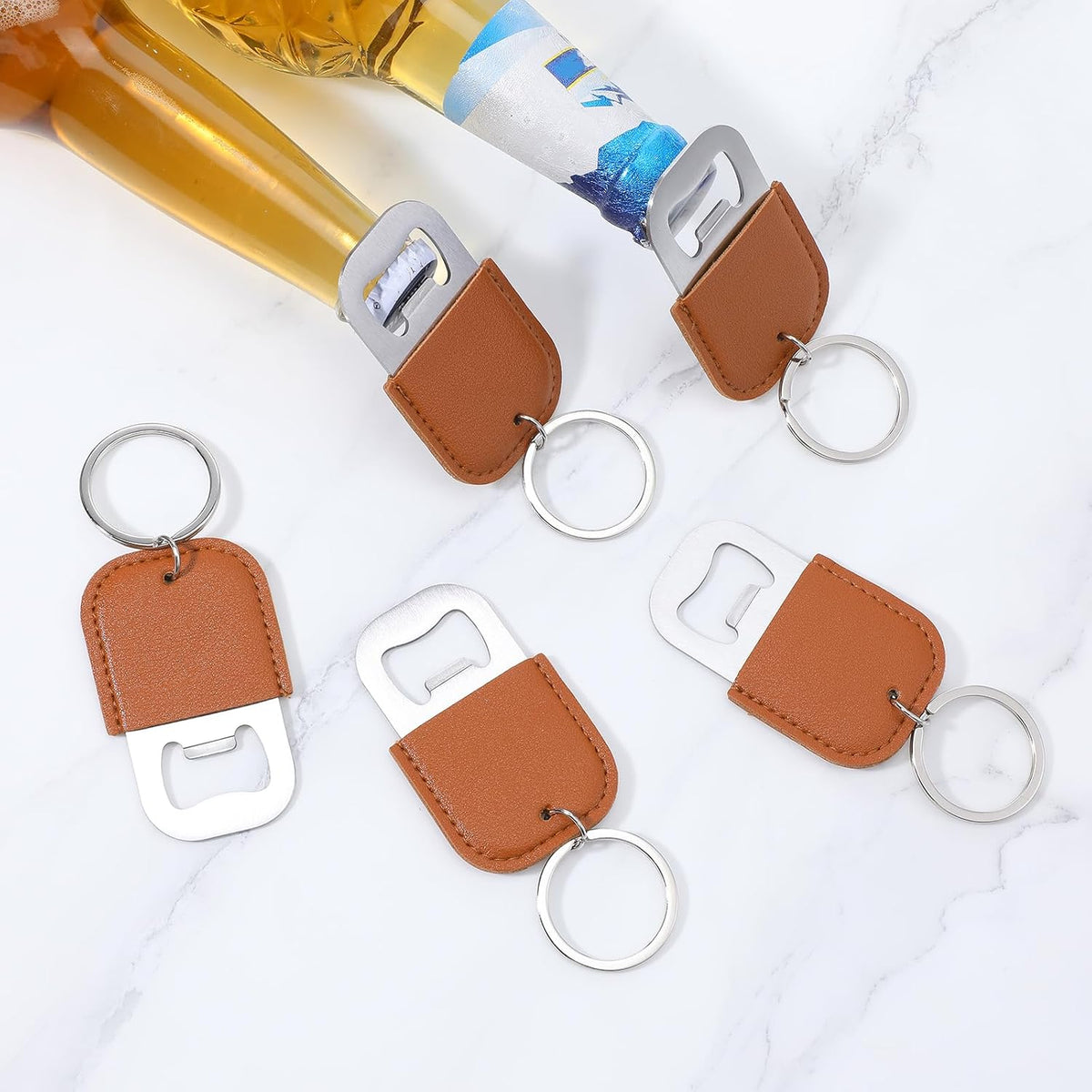 24 Pack Brown Leather Stainless Steel Bottle Opener Keychain