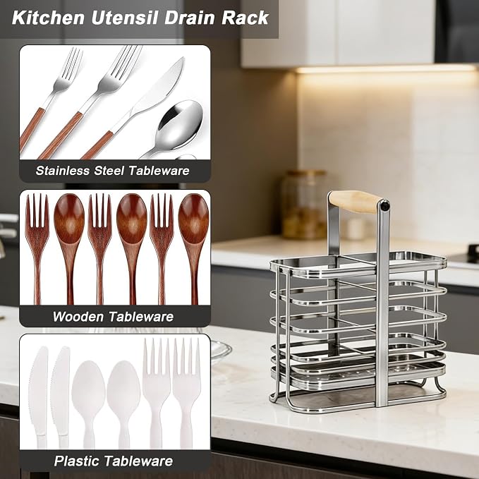 Caliamary Utensil Holder, Stainless Small Stainless Steel Cutlery Drainer Caddy - Image 6