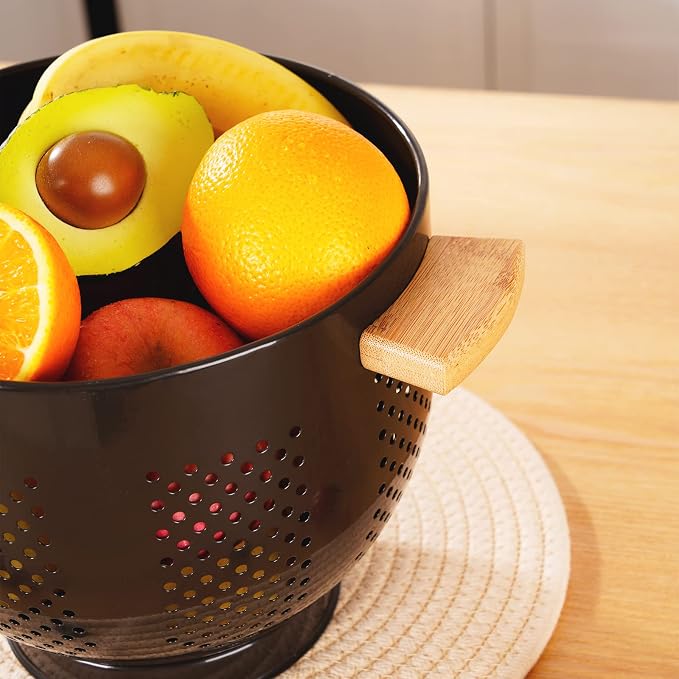 Metal Colander with Wood Handle and Stable Base, Powder Coated Steel Kitchen - Image 4