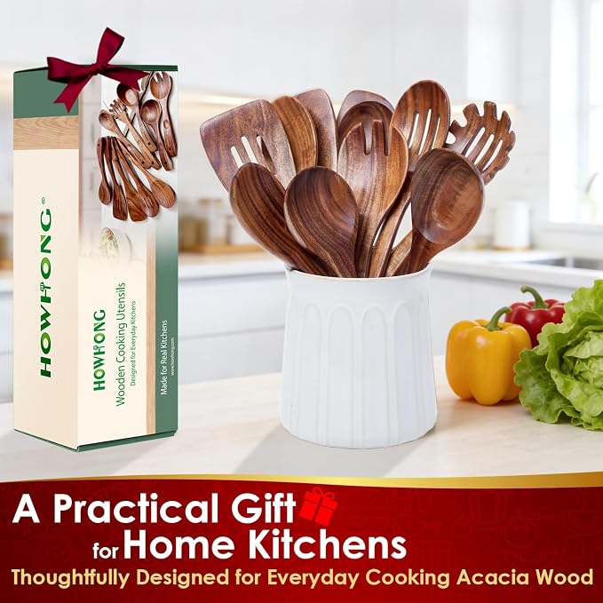 HOWHONG Wooden Cooking Utensils Set, Acacia Wood Wooden Spoons - Image 7