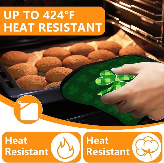 Green Clover Oven Mitts and Pot Holders Sets 4Pcs, Extra Long Oven Gloves - Image 4
