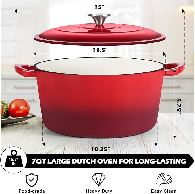 TeamFar Enameled Cast Iron Dutch Oven, 7qt Dutch Oven Pot Nonstick Cookware - Image 2