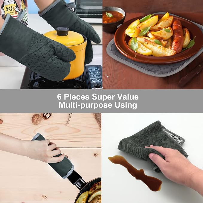 KEGOUU Oven Mitts and Pot Holders 6pcs Set, Kitchen Oven Glove High Heat - Image 7