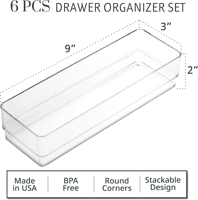 STORi SimpleSort 6-Piece Stackable Clear Drawer Organizer Set | 9" x 3" x 2" - Image 2