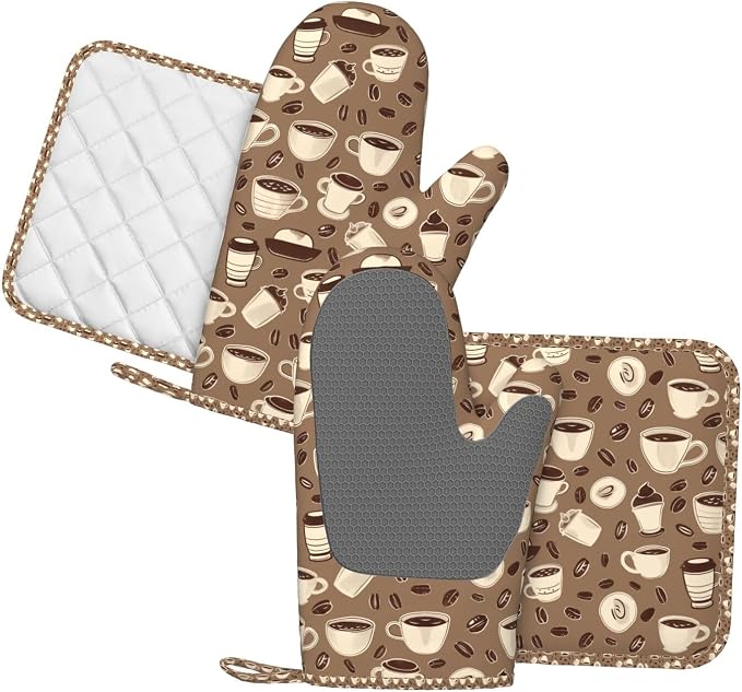 Oven Mitts and Pot Holders Set, Coffee Pattern Bean Silicone Kitchen - Image 2
