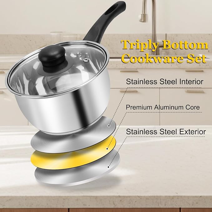 3pcs Stainless Steel Saucepan Set, Kitchen 1QT & 2QT & 3QT Pot Set - Image 3